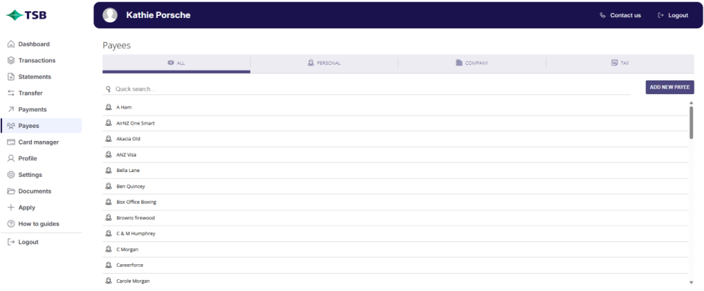 What are payees in TSB online banking