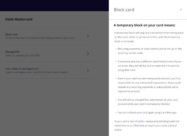 Block card TSB website