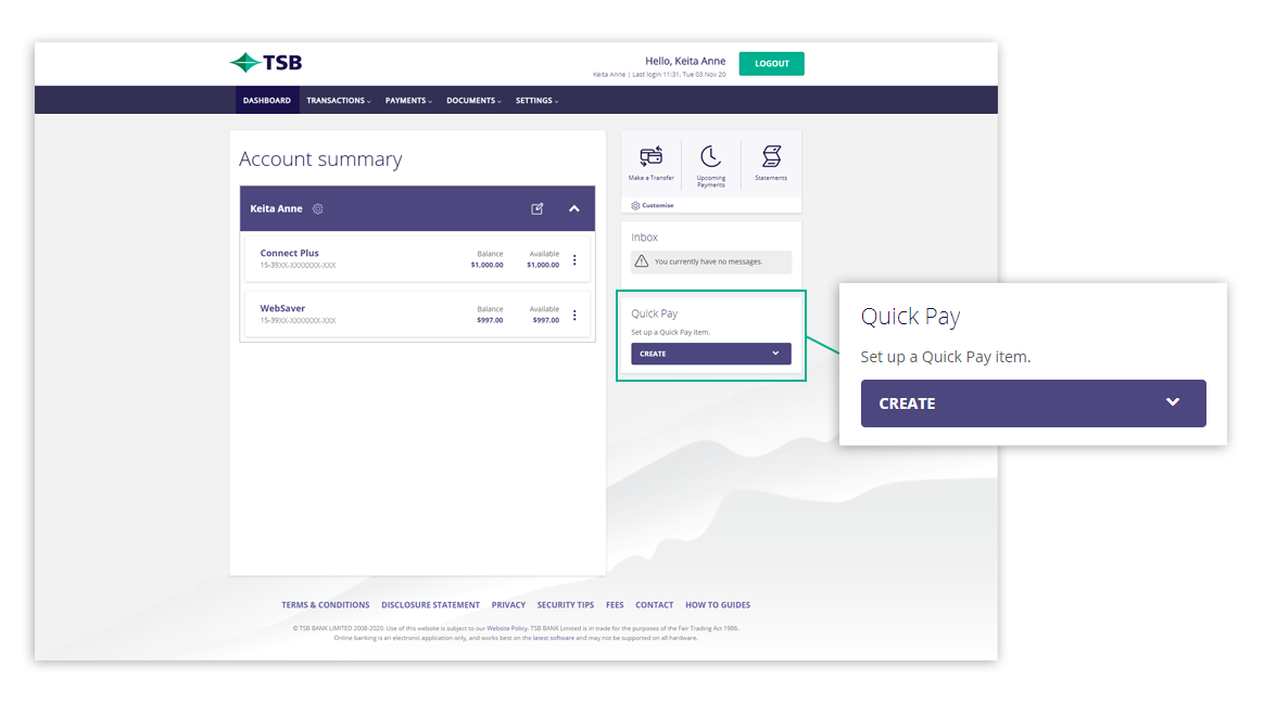 Screenshot of TSB online banking new feature quick pay