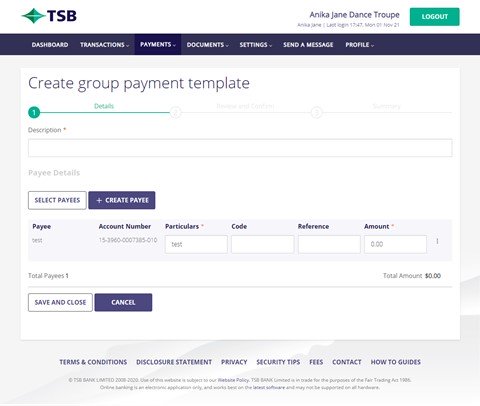 Group payment template TSB website
