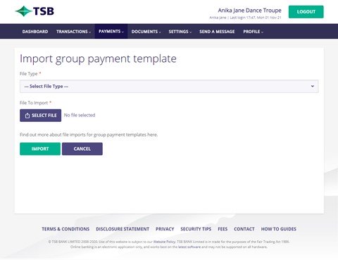 Group payment template TSB website