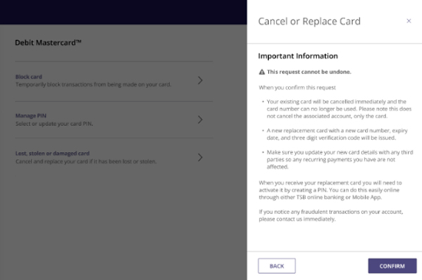 Cancel or replace card TSB website