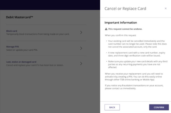 Cancel or replace card TSB website