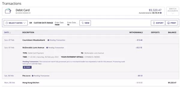 Transactions TSB website