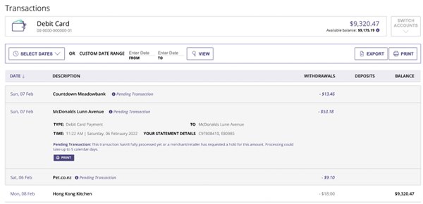 Transactions TSB website
