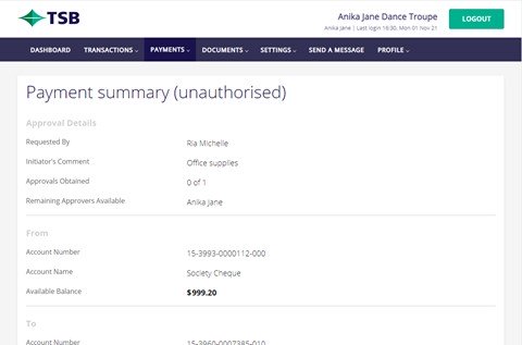 Payment summary TSB website