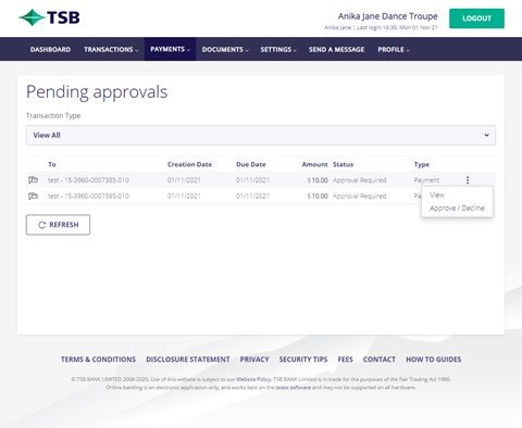 Pending approvals TSB website