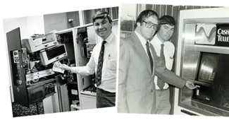 Historic photo of the first bank to develop ATMs, showing early ATM use 