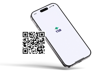 QR code to download TSB mobile app with iPhone 16 showing app opening screen