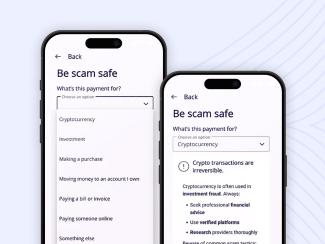 Smartphones displaying payment purpose messages to help prevent scams