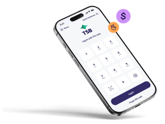 Smartphone displaying the TSB mobile banking app log in screen 