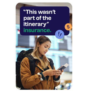 woman standing in airport with backpack on looking at her phone