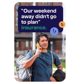 man with backpack on looking concerned talking on his mobile about TSB domestic travel insurance.