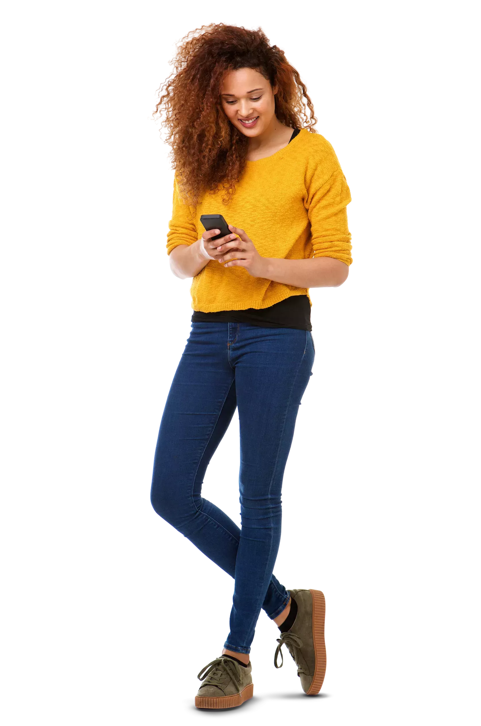 woman in yellow jersey looking at phone