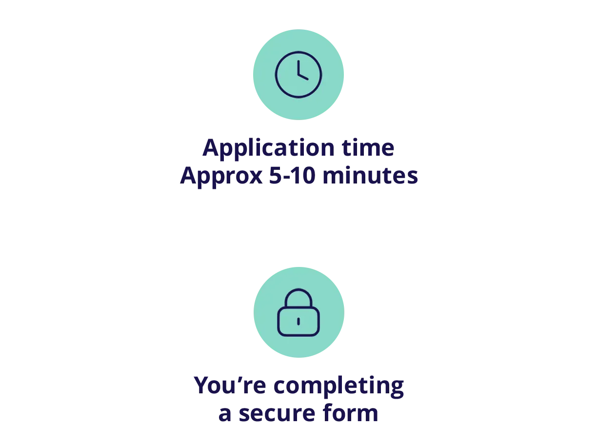 clock icon with application time approx 5 minutes and lock icon with secure form wording