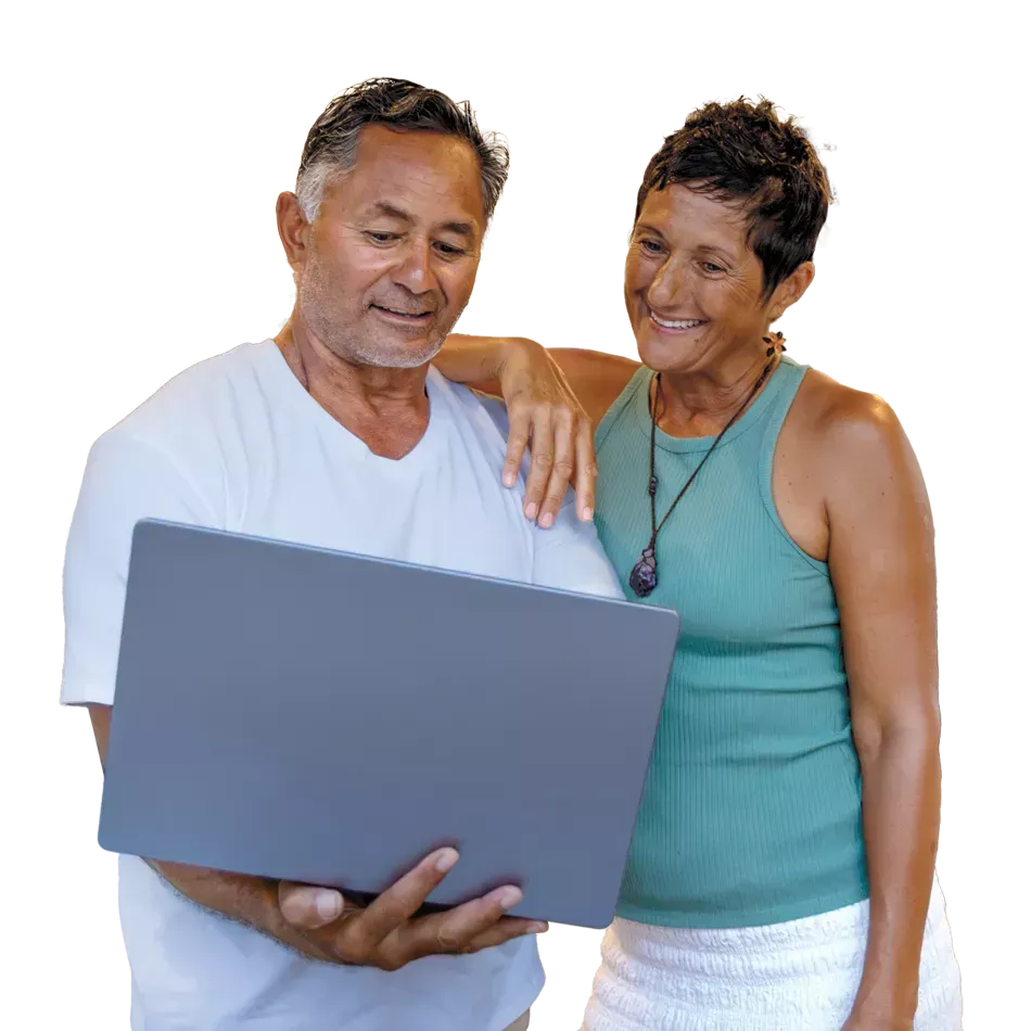 Man & woman holding a laptop 