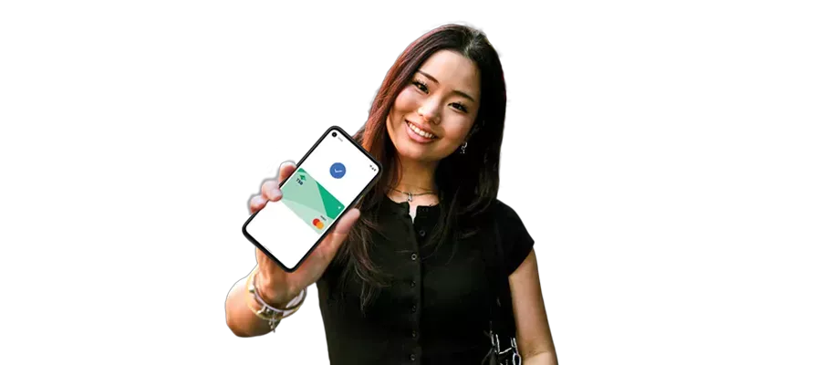 woman holding her smartphone with Google Pay TSB Debit Mastercard on her phone 