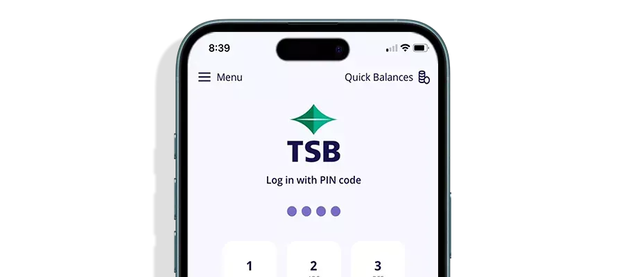 TSB mobile app log in screen on Iphone