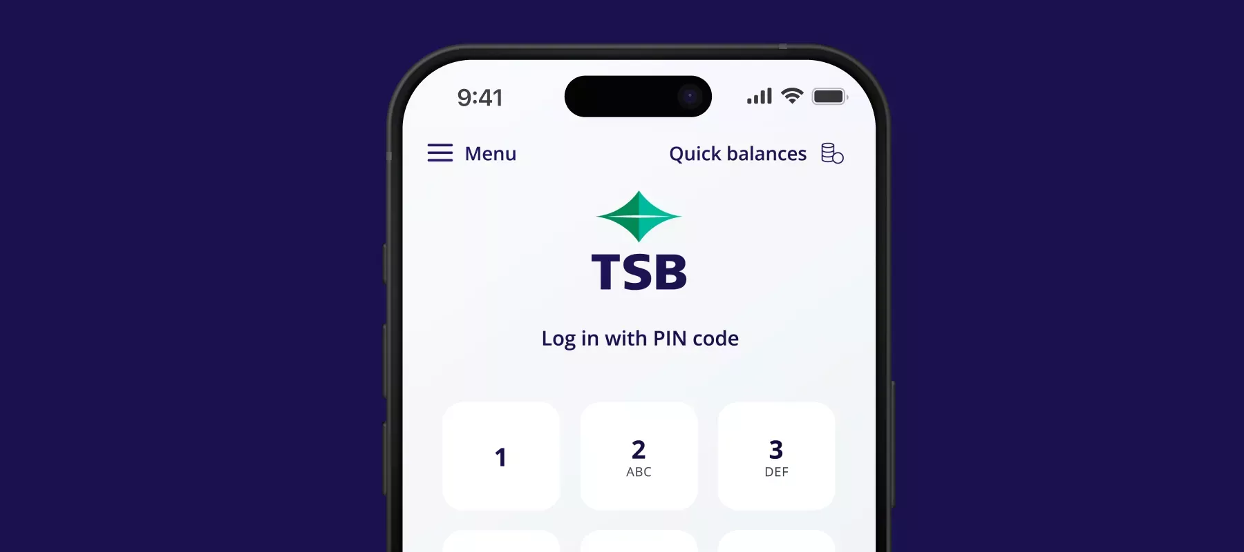 Smartphone displaying TSB mobile banking app used for secure account access